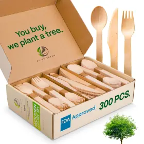 Go Green 0704137809634 Compostable Cutlery Set 300 Pcs Wooden Utensils Forks Knives Spoons