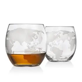 Godinger 028199499870 Old Fashioned Whiskey Glasses Etched Globe Map - 12 Ounces Clear
