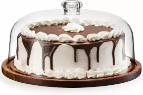 12483 Godinger Cake Stand Plate Server Platter With Dome Acacia Wood Brown