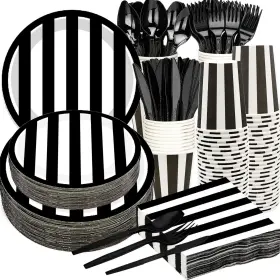 Goguogofa 768510565128 175pcs Black And White Striped Party Suppliesblack Tableware Set 9& 7