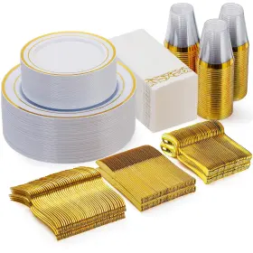 2nz921-756 Goodluck 350 Piece Gold Dinnerware Set For 50 Guests Plastic Plates Disposable Pa