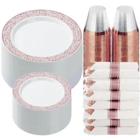 3fa0109-514 Goodluck 350 Piece Rose Gold Plastic Dinnerware Set For 50 Guests Disposable