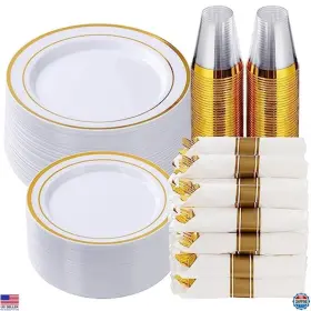 B0c461m93b Goodluck 350 Pcs Gold Plastic Dinnerware Set For 50 Guests Fancy Disposable Plates