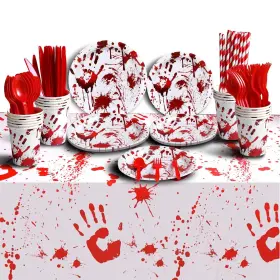Grabo 787803780369 Halloween Party Supplies Include Bloody Zombie Tablecloth Paper Plates Cups Stra