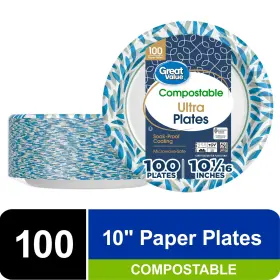 Great Value 194346114184 Ultra Compostable Paper Plates White 10 In 100 Count