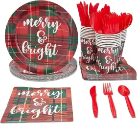 Great Value 843128150277 144 Piece Christmas Dinnerware With Plaid Paper Plates Napkins Cups Cutlery
