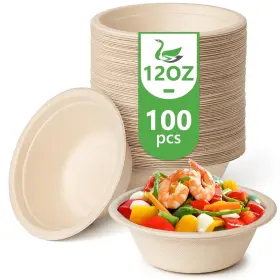 Bowl100 Green Swan 718157030978 Disposable Paper Bowls 12 Oz 100 Pack Large Bowl100% Compostable Biodegradable