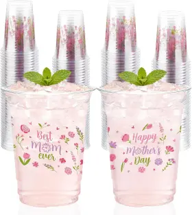 Greencian 313034979960 100 Pcs Happy Mothers Day Plastic Cups 16 Oz Disposable Floral Mother Drink