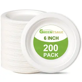 Greenesage 604477673455 Paper Plates 6 Inch 200 Pack Bulk Compostable White Pl