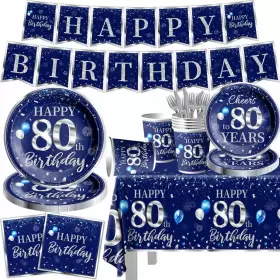 Grehumor 762704566205 142 Pcs 80th Birthday Tableware Set Decorations Sliver And Blue