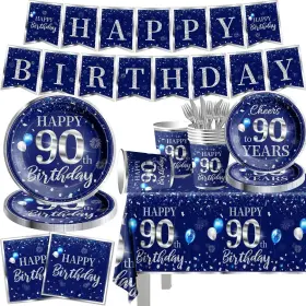 Grehumor 762704566229 142 Pcs 90th Birthday Tableware Set Decorations Sliver And Blue Happy Bi