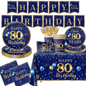 Grehumor 762704573791 80th Birthday Decoration Men-142pcs Navy Blue And Gold Tableware Set
