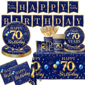 Grehumor 762704573814 70th Birthday Decoration Men-142pcs Navy Blue And Gold Tableware Set
