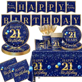21st Grehumor 762704573852 Birthday Decoration Men-142pcs Navy Blue And Gold Tableware Set