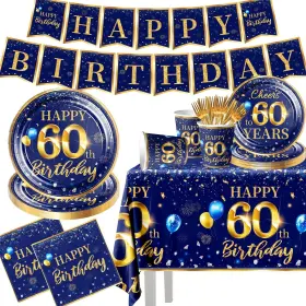 Decoration60th Grehumor 772093973546 142pcs 60th Navy Blue Tableware Set Birthday Plates And Napk Inch