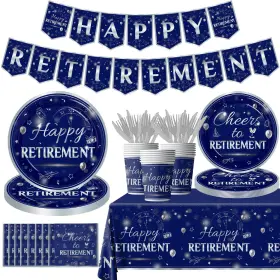 Grehumor 772093983385 142pcs Retirement Tableware Party Decorations Happy Blue