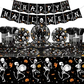 Na08 Grehumor Halloween Party Supplies 142pcs Happy Tableware Set Smiling Skeleto