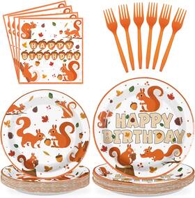 Grencian 313099290208 96pcs Fall Squirrel Paper Plates And Napkins Happy Birthday Pl