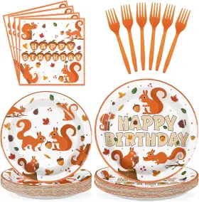 Grencian 313099290208 96pcs Fall Squirrel Paper Plates And Napkins Happy Birthday Pl