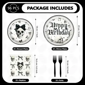 Grencian 313104717782 96pcs Happy Birthday Party Supplies Skull Bow Paper Plates And Napkins