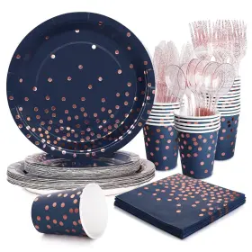 Gudvilla 760701258475 Blue Party Supplies Rose Gold Dots Dark Plates Napkins And Cups Se
