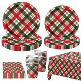Gupesxu 717325379185 81pcs Red And Green Buffalo Plaid Christmas Party Supplies - Plates