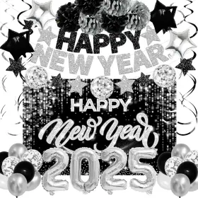 Gupesxu 717325380044 New Years Eve Party Supplies 2025 Happy Year Decorations Kit - Black Silv
