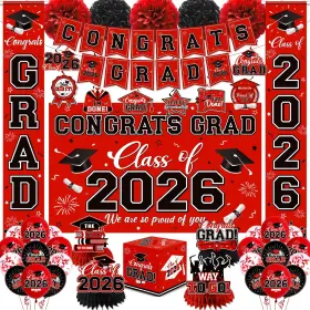 Gupesxu 717639869709 Graduation Decorations 2026 Red Party Decor Set With Congrats Grad Banner Cl