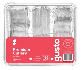 Gusto 810085791171 192 Combo Pack Premium Heavyweight Disposable Clear Plastic Silverware - 64