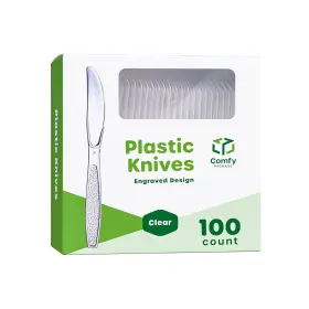 Gusto 810085798859 100 Pack Clear Plastic Knives Heavy Duty With Engraved Design - Disposable