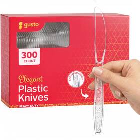 Gusto 810085798866 E 300 Pack Clear Plastic Knives Heavy Duty With Engraved Design