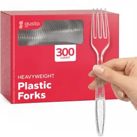 8541932516 Gusto 300 Pack Heavyweight Clear Plastic Forks With Engraved Design - Dispo