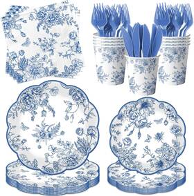 Hakoti 445045533558 Blue Floral Plates 144pcs Toile Scalloped Paper And Napkins Include