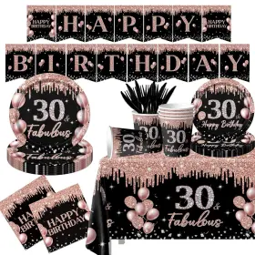 Hakoti 717203045485 30th Birthday Tableware Decorations For Women142pcs Happy Black Rose Gold T