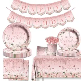 Hakoti 772093979661 142pcs Pink Rose Gold Birthday Party Supplies Tableware Disp