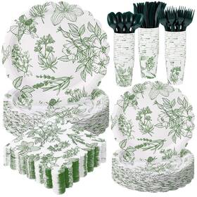 Havawish Yof-havawish-1287 400 Pcs Sage Green Disposable Tableware Set Greenery Floral Paper Pl