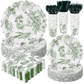 Yof-havawish-1287 Havawish 400 Pcs Sage Green Disposable Tableware Set Greenery Floral Paper Pl