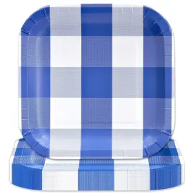 Havercamp 654082004670 Blue White Plaid 9 Inch Plates 24 Pcs Square Heavy Duty Paper Printed