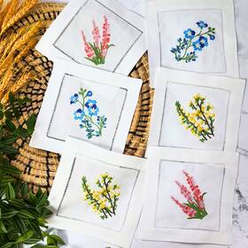 Hcraft Cocktailnapkin016 Embroidered White Cloth Napkins - Mixed Hyacinth Bulbs Design Square 6 Inch X6 W