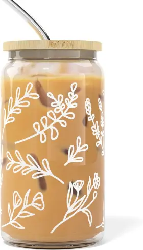 Hw-12961 Heather & Willow Iced Coffee Cup With Bamboo Lids And Straws 16 Oz Set Of 1 Wild Flower
