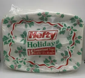 Hefty 013700543159 Vintage Holiday Compartment Trays Foam Disposable Plates 12 Pac Xmas Holly