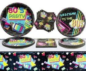 Hegbolke 779566392606 80s Party Supplies - 61 Pcs Plates Napkins Tablecloth Set For Ba