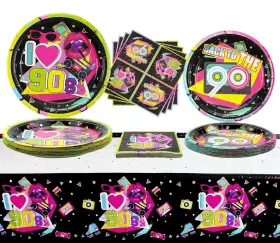 Hegbolke 779566392620 90s Party Supplies - 61 Pcs Plates Napkins Tablecloth Set For Back To Th