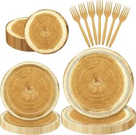 Herytem 748899650288 96 Pieces Rustic Wood Grain Tableware Set - Disposable Plates Serves 24 Guests