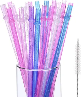 Hestya-straws-01 Hestya 25 Pieces Reusable Glitter Clear Plastic 26 Piece Set Rainbow