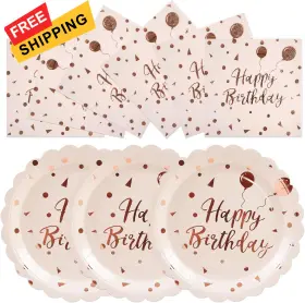 Bp001 Hfbobp 50pcs Happy Birthday Paper Plates And Napkins Set - Pink Rose