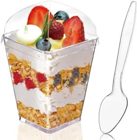Hiasobre 313101375329 50 Pack 5oz Clear Plastic Dessert Cups With Lids And Spoons Square Appetizer Cu