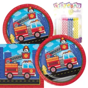 Hilritori 767744297416 Flaming Fire Truck Theme Plates And Napkins Serves 16 With Birthday Candles