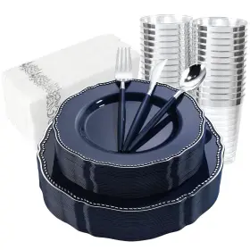 Hioasis 769818326565 175pcs Blue Plastic Plates&silver Silverware With Handle Include