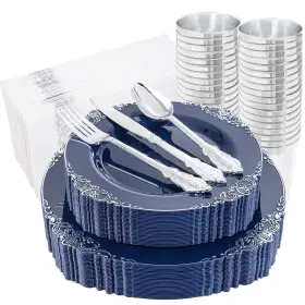 Hioasis 769818455753 175pcs Blue Plastic Plates - And Silver Disposable Includ